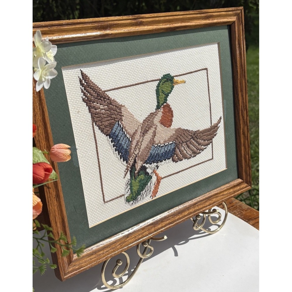 Vintage Cross Stitch Mallard Duck Wood Frame 15.5" X 12.5" Cabincore Lodge Decor